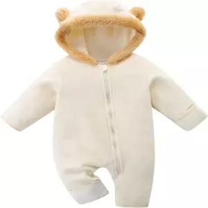JingleBaBa 귀여운 아기 곰 플리스 점프수트 여아 남아용 따뜻한 후드 커버올 롬퍼 신생아용 폭신폭신한