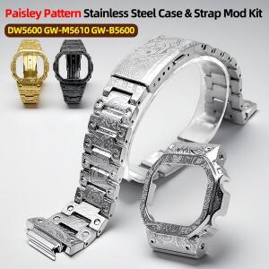 호환 페이즐리 패턴 스테인레스 스틸 케이스 및 스트랩 모드 키트 (카시오 G-SHOCK DW5600 베젤 프레임 시