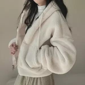아이보리 양털 후드집업 여성 크롭 후리스 뽀글이