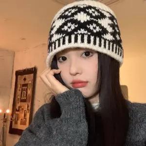 겨울 노르딕 니트 비니 버킷햇 벙거지 레트로 빈티지 패턴 여성 털 모자 뜨개 꽈배기