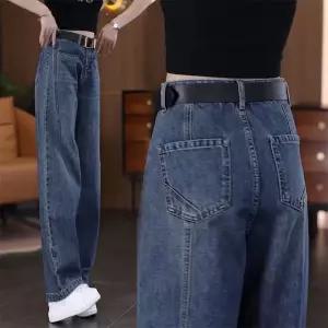 여성 가을 겨울 오버핏 기모 청바지 키작녀 하이웨스트 통청바지