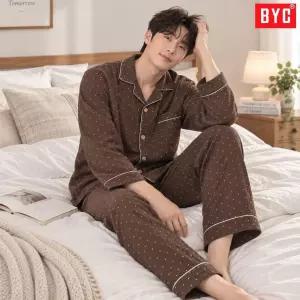 BYC 남자 삼중 거즈면 파자마 세트 순면 긴팔 긴바지 잠옷 상하의 가을 홈웨어 실내복 479624