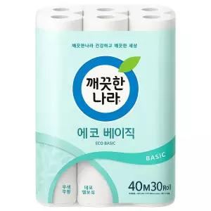 깨끗한나라 에코 베이직 데코 엠보싱 40m 30롤 1팩 휴지