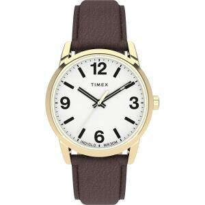 Timex ,남성용 이지 리더 볼드 38mm 시계 - 브라운 가죽 스트랩이 달린 골드 톤 케이스 화이트 다이얼
