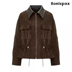 빈티지 스트링 카라 레더 배색 자켓 (XQ3JK014L0)