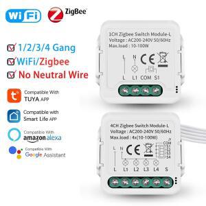 Tuya WiFi/Zigbee 스마트 스위치 회로 차단기 1/2/3/4Gang 중립 와이어 없음 APP 원격 타이밍 제어 지원 Al