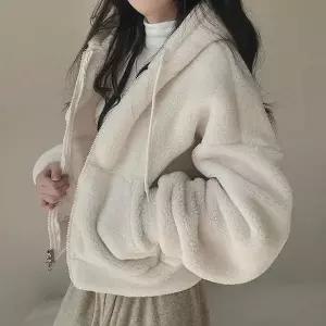 [에이치플러스몰]여성후드집업 양털 세미크롭 후드집업