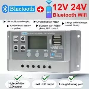 블루투스 와이파이 PWM 태양광 충전 컨트롤러 30A 50A 60A 12V 24V 자동 듀얼 USB 부하 방전기 태양