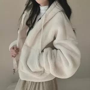 양털 퍼 세미크롭 후드집업 여성 겨울 아우터