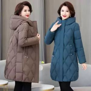 중년 여성 후드 아가일 퀼팅 포켓 허리 스트링 롱패딩 겨울 50대 따뜻한 슬림핏 도톰한 롱코트