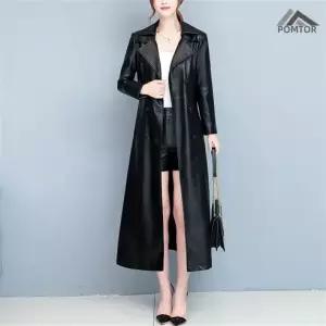 여성 가죽 롱 코트 칼라 트렌치코트 루즈핏 롱가죽자켓