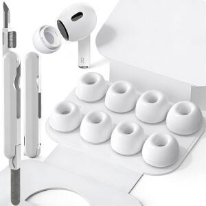 SIXFU 4개 사이즈 이어팁 교체용 AIRPOD PRO 및 AIRPODS 2 호환 휴대용 보관함 클리닝 키트 포함 소음 감소 구멍 고밀도 먼지 가드 스크린(XS / S M L) - 화이트
