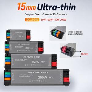 스냅 설치 초박형 15MM 드라이버 전원 공급 어댑터 12V/24V 60W-200W 실내 천장 매립 조명