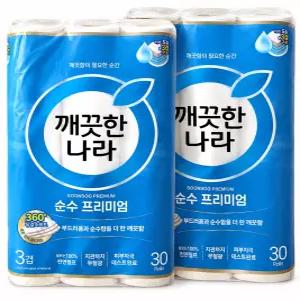 깨끗한나라 3겹 순수프리미엄 롤화장지(27m X 30롤) 2팩
