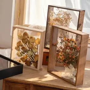 Flower Display Frame Transparent Bouquet Dry Wood Box Wall Mount Specimen Storage Home Decor