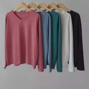 플로우 브이넥 워싱코튼 부드러운면 바이오워싱 여성기본긴팔티셔츠 (5color)