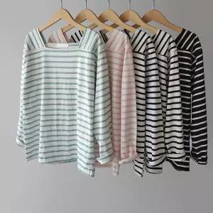 스퀘어넥 스트라이프 단가라 루즈핏 박스 기본 여성 긴팔 티셔츠(5color)