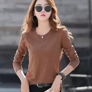 무지 긴팔 티셔츠 여성 라운드넥 단추 디테일 데일리 골프용 봄가을 4컬러