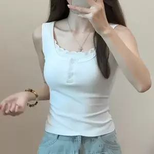 여성 레어이드 면혼방 나시티 U넥 레이스 트리밍 심플 트랜드 데일리 이너 톱 민소매 나시