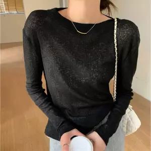 레이어드 여름 냉방 룩 롱슬리브 긴팔 티셔츠 시스루여성옷 얇은 시스루 라운드 여자기본 쭉티 니트 이너