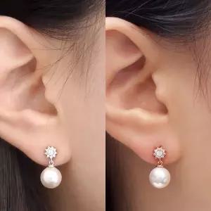 14K 골드필드 핀 큐빅 꽃 진주 드롭 혼주 귀걸이 진주귀걸이 US26B9B