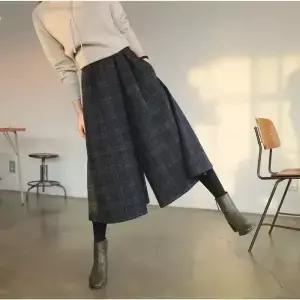 여성 탄성 높은 허리 울 바지 가을 겨울 새로운 격자 무늬 넓은 다리 캐주얼 발목 길이 스커트
