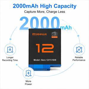 GoPro Hero 12 9용 HORMMAR 2000mAh 배터리 교체용 고용량 리튬 이온 충전식 액션 카메라 액세서리