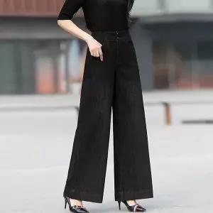 중년 여성 데님 팬츠 캐주얼 바지 하이웨스트 와이드 팬츠 루즈핏 슬랙스 통바지 봄 가을 여자 청바지 YJW
