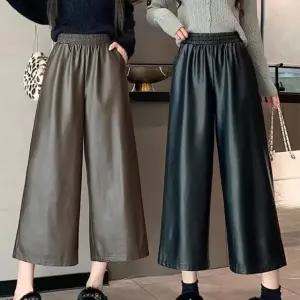 가을 겨울 가죽 밴딩 팬츠 여성용 패션 빅사이즈 와이드 캐주얼 루즈핏 따뜻한 통바지 팬츠