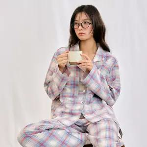 베이지 체크 긴팔 여성 파자마 세트 세미와이드핏 잠옷 2size