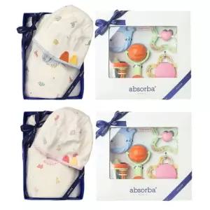 [갤러리아] (압소바출산,백일,아기옷)노어바디슈트(모자,바지)+5종딸랑이세트(AB261BU06SET)