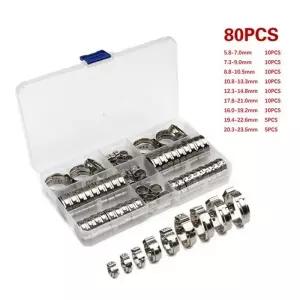 80pcs 스테인레스 스틸 귀 무단 클램프 웜 드라이브 연료 워터 호스 파이프 클립 신치 링 압착 도구 키트
