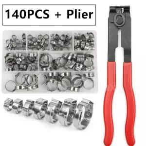 싱글 이어 스텝리스 호스 클램프 304 스테인레스 스틸 1PC 클립 플라이어 키트 모듬 140PCs 7-21mm
