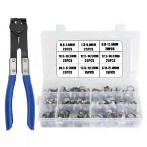 180Pcs 304 스테인레스 스틸 단일 귀 호스 클램프 5.3-21mm 압착 모듬 키트 자동차 가전 라인