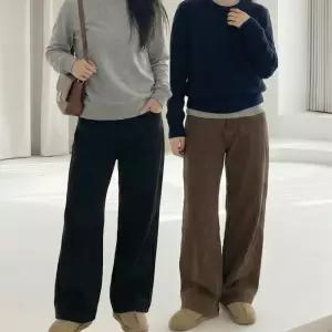 키작녀 기모바지 융기모바지 여성 겨울 와이드 팬츠