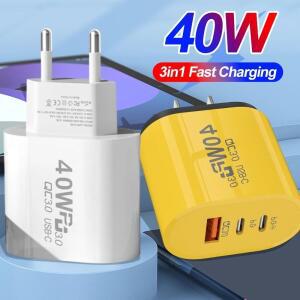 40W USB 유형 C 충전기 듀얼 PD 고속 어댑터 iPhone 용 EU/US 플러그 Samsung Xiaomi Huawei Quick Charge