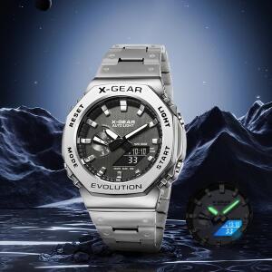 X-GEAR 디지털 스포츠 전자 남녀공용 시계 듀얼 디스플레이 전체 기능 LED 합금 대형 시간 스틸 스트랩