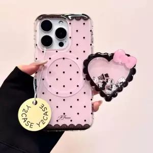 핑크앤 블랙 땡땡이 키티 맥세이프 갤럭시케이스 +하트 그립톡