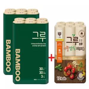 그루 프리미엄 밤부 천연펄프화장지 3겹 30m 30롤 2팩+그루 키친타월 120매 12롤