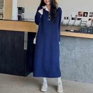 배색 플랫 카라 브이넥 롱 원피스 긴팔 무지 여성 빅사이즈