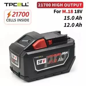 TPCELL 12Ah/15Ah 밀워키호환 M18 배터리용 21700 고출력 충전식 리튬 이온 18V