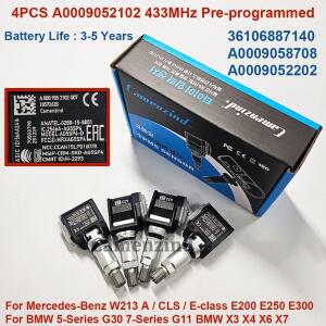 4개 433MHz TPMS 센서 0009052102 36106887140 메르세데스-벤츠 호환 W213 E200 BMW 호환 G30 G11 X3 X4용