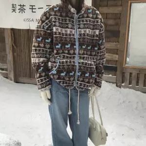 BANHANY 키도라？？ 양털 뽀글이 에스닉 패턴 집업 점퍼