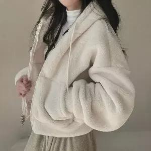 [제이큐]후드집업 여성 겨울 양털 아우터 세미크롭