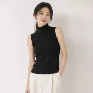 여성용 터틀넥 골지 슬림핏 민소매 니트 탑 목폴라