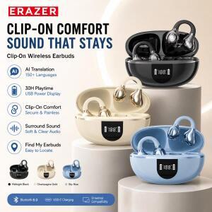 ERAZER EX338 AI 번역기 클립형 무선 이어버드 블루투스 6.0 오픈형 이어폰 USB 디스플레이 30시간 재생시