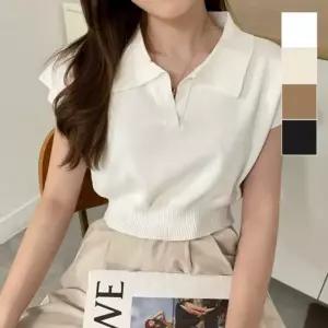 티셔츠 반팔 니트티 카라 데이트룩 크롭티 크롭 피케