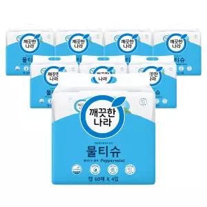깨끗한나라 페퍼민트 60매x4개입 x 8팩 휴지 캡형 휴대용 물티슈