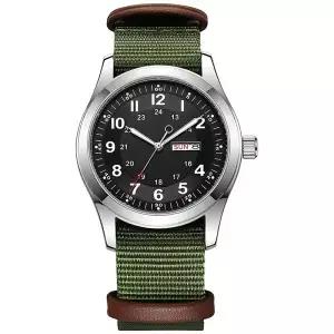 2026 남성용 42mm 야광 시계 다이얼 데이/데이트 표시 그린 캔버스 스트랩 30M 방수 필드 카키