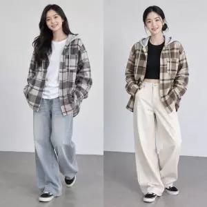[블루모드] 여성 체크 캐주얼 루즈핏 빅사이즈 겨울 기모 후드 남방 자켓